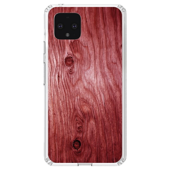 DistinctInk Clear Shockproof Hybrid Case for Google Pixel 4 (5.7" Screen) - TPU Bumper, Acrylic Back, Tempered Glass Screen Protector - Dark Red Weathered Wood Grain Print - Printed Wood Grain Image