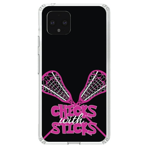 DistinctInk Clear Shockproof Hybrid Case for Google Pixel 4 (5.7" Screen) - TPU Bumper, Acrylic Back, Tempered Glass Screen Protector - Hot Pink Lacrosse - Chicks with Sticks