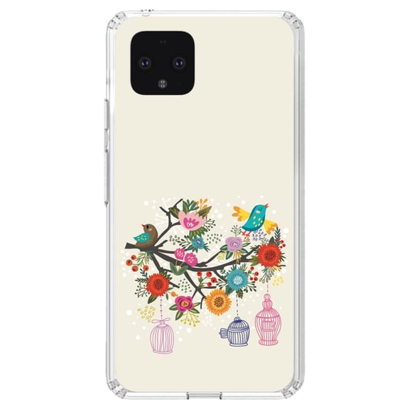 DistinctInk Clear Shockproof Hybrid Case for Google Pixel 4 (5.7" Screen) - TPU Bumper, Acrylic Back, Tempered Glass Screen Protector - Spring Collection - Floral Birds Teal Red