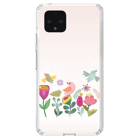 DistinctInk Clear Shockproof Hybrid Case for Google Pixel 4 (5.7" Screen) - TPU Bumper, Acrylic Back, Tempered Glass Screen Protector - Spring Collection - Flowers and Birds