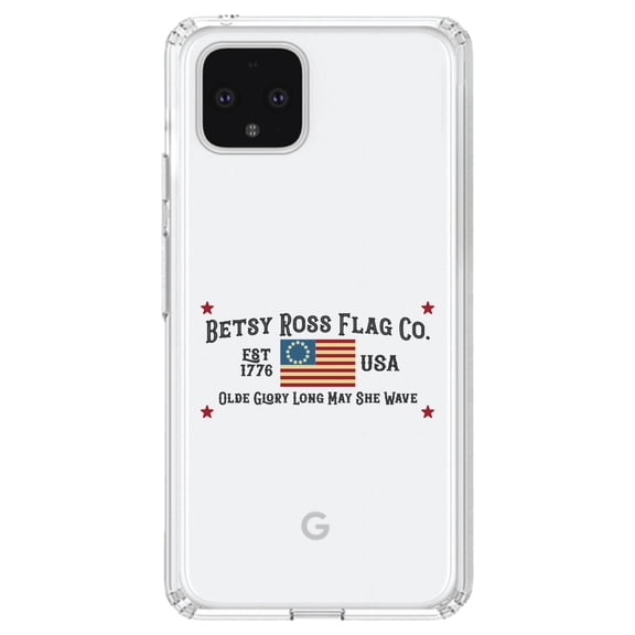 DistinctInk Clear Shockproof Hybrid Case for Google Pixel 4 (6.1" Screen) - TPU Bumper Acrylic Back Tempered Glass Screen Protector - Betsy Ross Flag Co - Old Glory USA