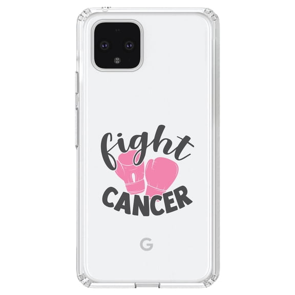 DistinctInk Clear Shockproof Hybrid Case for Google Pixel 4 (6.1" Screen) - TPU Bumper Acrylic Back Tempered Glass Screen Protector - Pink Ribbon Cancer - Fight Boxing Gloves