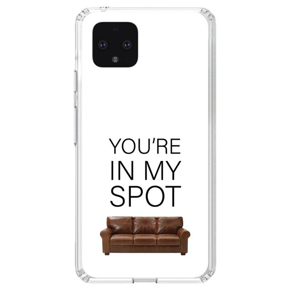 DistinctInk Clear Shockproof Hybrid Case for Google Pixel 4 XL (6.3" Screen) - TPU Bumper, Acrylic Back, Tempered Glass Screen Protector - Brown Couch "You're in My Spot"