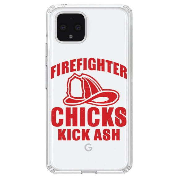 DistinctInk Clear Shockproof Hybrid Case for Google Pixel 4 XL (6.3" Screen) - TPU Bumper Acrylic Back Tempered Glass Screen Protector - Firefighter Chicks Kick ASH