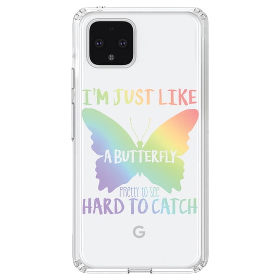 DistinctInk Clear Shockproof Hybrid Case for Google Pixel 4 XL (6.3" Screen) - TPU Bumper Acrylic Back Tempered Glass Screen Protector - Like Butterfly - Pretty to See Hard to Catch