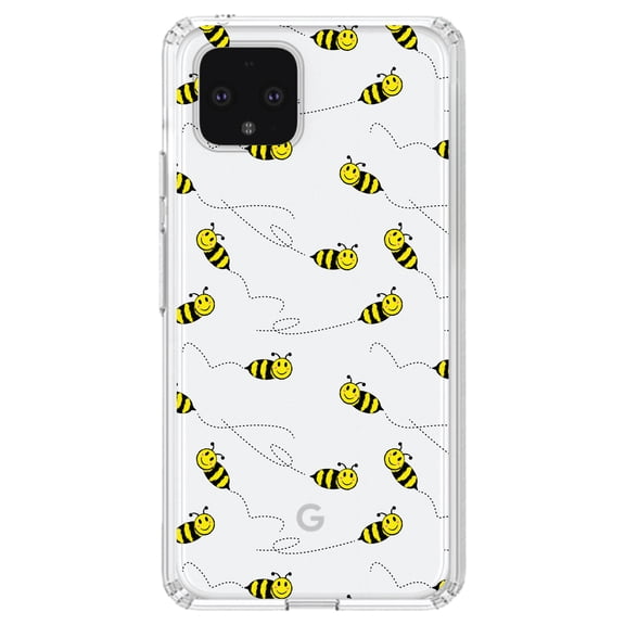 DistinctInk Clear Shockproof Hybrid Case for Google Pixel 4 XL (6.3" Screen) - TPU Bumper, Acrylic Back, Tempered Glass Screen Protector - Repeating Bumble bees