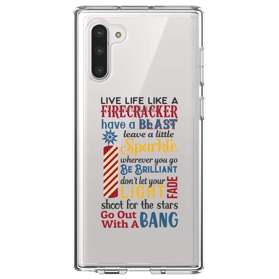 DistinctInk Clear Shockproof Hybrid Case for Samsung Galaxy Note 10 (6.3" Screen) - TPU Bumper Acrylic Back Tempered Glass Screen Protector - 4th of July Word Art Firecracker