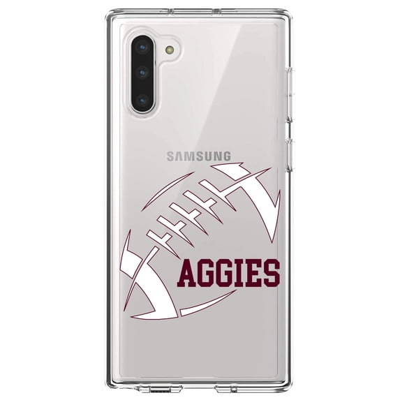 DistinctInk Clear Shockproof Hybrid Case for Samsung Galaxy Note 10 (6.3" Screen) - TPU Bumper, Acrylic Back, Tempered Glass Screen Protector - Aggies Football - Maroon, White