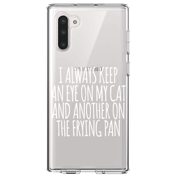 DistinctInk Clear Shockproof Hybrid Case for Samsung Galaxy Note 10 (6.3" Screen) - TPU Bumper Acrylic Back Tempered Glass Screen Protector - Always Keep Eye on Cat and on Frying Pan
