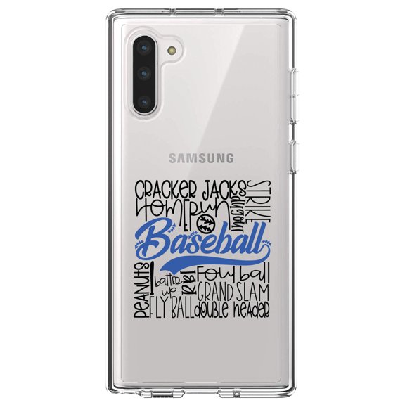 DistinctInk Clear Shockproof Hybrid Case for Samsung Galaxy Note 10 (6.3" Screen) - TPU Bumper Acrylic Back Tempered Glass Screen Protector - Baseball Word Art - Black & Blue