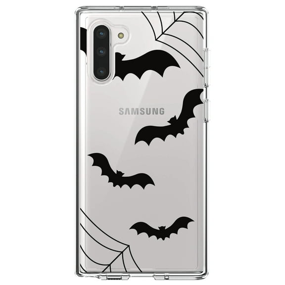 DistinctInk Clear Shockproof Hybrid Case for Samsung Galaxy Note 10 (6.3" Screen) - TPU Bumper, Acrylic Back, Tempered Glass Screen Protector - Bats and Spider Webs