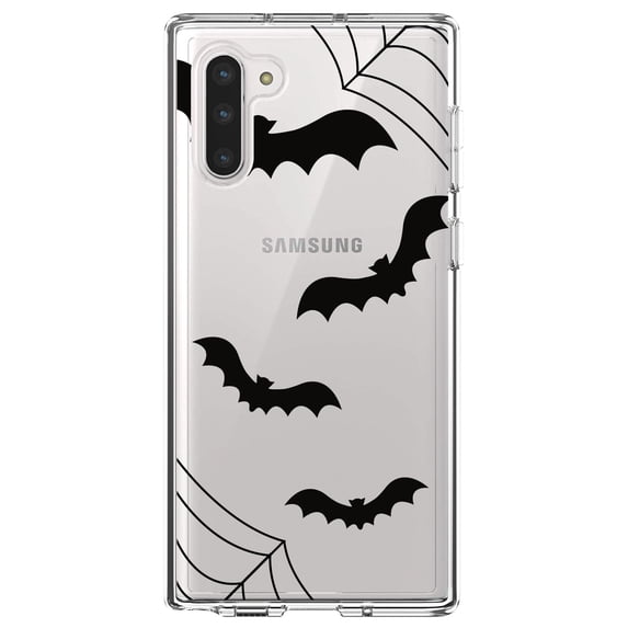 DistinctInk Clear Shockproof Hybrid Case for Samsung Galaxy Note 10 (6.3" Screen) - TPU Bumper, Acrylic Back, Tempered Glass Screen Protector - Bats and Spider Webs