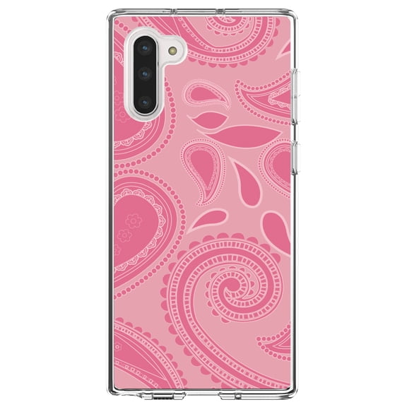 DistinctInk Clear Shockproof Hybrid Case for Samsung Galaxy Note 10 (6.3" Screen) - TPU Bumper, Acrylic Back, Tempered Glass Screen Protector - Big Pink Paisley