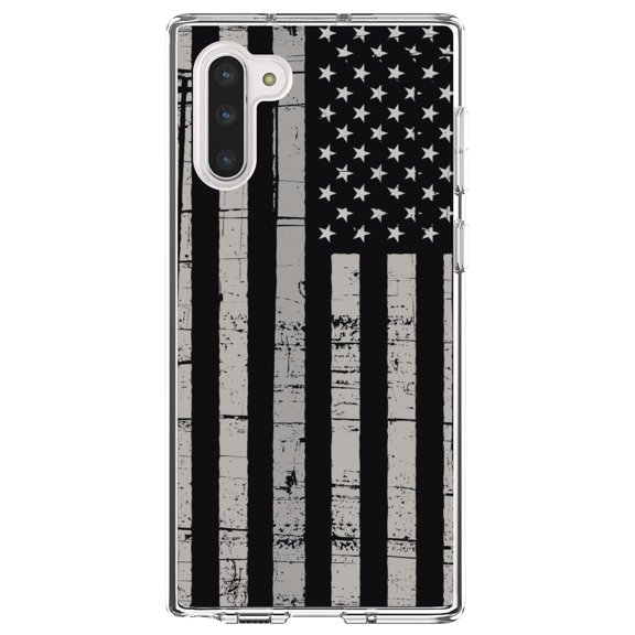 DistinctInk Clear Shockproof Hybrid Case for Samsung Galaxy Note 10 (6.3" Screen) - TPU Bumper, Acrylic Back, Tempered Glass Screen Protector - Black Grey US Flag United States - America