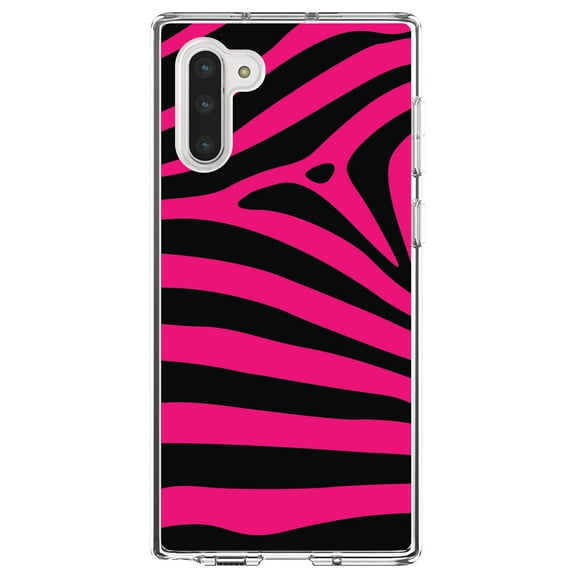 DistinctInk Clear Shockproof Hybrid Case for Samsung Galaxy Note 10 (6.3" Screen) - TPU Bumper, Acrylic Back, Tempered Glass Screen Protector - Black Hot Pink Zebra Skin Stripes