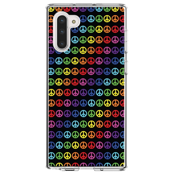 DistinctInk Clear Shockproof Hybrid Case for Samsung Galaxy Note 10 (6.3" Screen) - TPU Bumper, Acrylic Back, Tempered Glass Screen Protector - Black Rainbow Peace Signs