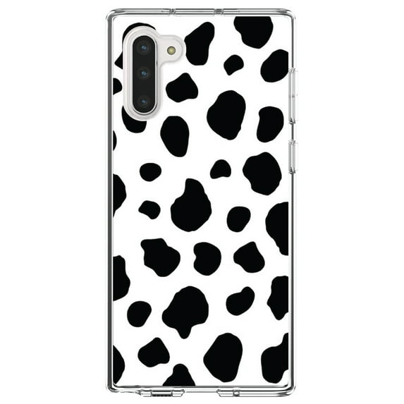 DistinctInk Clear Shockproof Hybrid Case for Samsung Galaxy Note 10 (6.3" Screen) - TPU Bumper, Acrylic Back, Tempered Glass Screen Protector - Black White Cow Dalmatian Spots - Animal Print