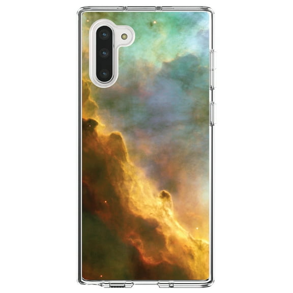 DistinctInk Clear Shockproof Hybrid Case for Samsung Galaxy Note 10 (6.3" Screen) - TPU Bumper, Acrylic Back, Tempered Glass Screen Protector - Blue Orange Red Omega Nebula - Astronomy