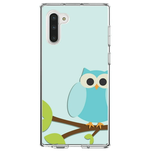 DistinctInk Clear Shockproof Hybrid Case for Samsung Galaxy Note 10 (6.3" Screen) - TPU Bumper, Acrylic Back, Tempered Glass Screen Protector - Blue Owl Cartoon - Cartoon Owls