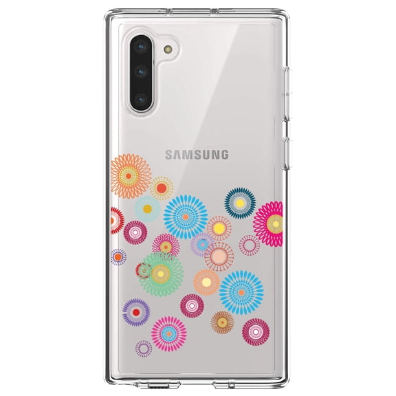DistinctInk Clear Shockproof Hybrid Case for Samsung Galaxy Note 10 (6.3" Screen) - TPU Bumper Acrylic Back Tempered Glass Screen Protector - Cartoon Wildflowers Rainbow Colors