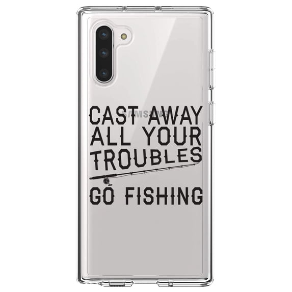 DistinctInk Clear Shockproof Hybrid Case for Samsung Galaxy Note 10 (6.3" Screen) - TPU Bumper Acrylic Back Tempered Glass Screen Protector - Cast Away All Your Troubles Go Fishing