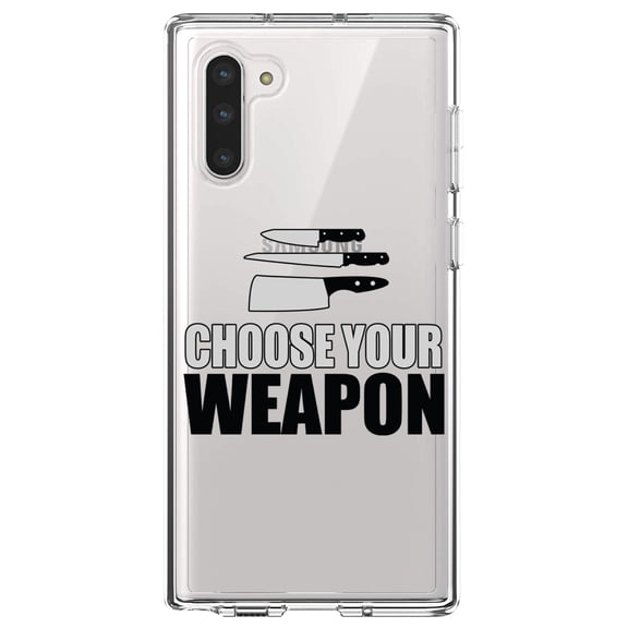 DistinctInk Clear Shockproof Hybrid Case for Samsung Galaxy Note 10 (6.3" Screen) - TPU Bumper Acrylic Back Tempered Glass Screen Protector - Choose Your Weapon - Chef Knives
