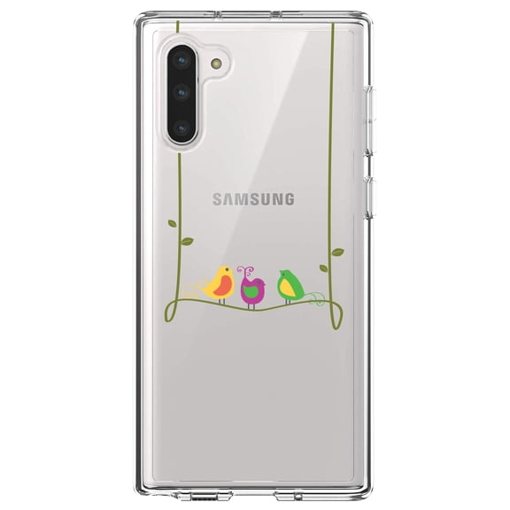 DistinctInk Clear Shockproof Hybrid Case for Samsung Galaxy Note 10 (6.3" Screen) - TPU Bumper Acrylic Back Tempered Glass Screen Protector - Colorful Birds Cartoon on a Vine