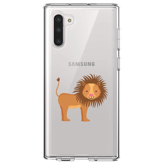 DistinctInk Clear Shockproof Hybrid Case for Samsung Galaxy Note 10 (6.3" Screen) - TPU Bumper Acrylic Back Tempered Glass Screen Protector - Cute Cartoon Lion