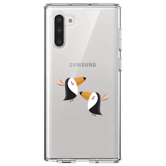DistinctInk Clear Shockproof Hybrid Case for Samsung Galaxy Note 10 (6.3" Screen) - TPU Bumper Acrylic Back Tempered Glass Screen Protector - Cute Cartoon Toucans