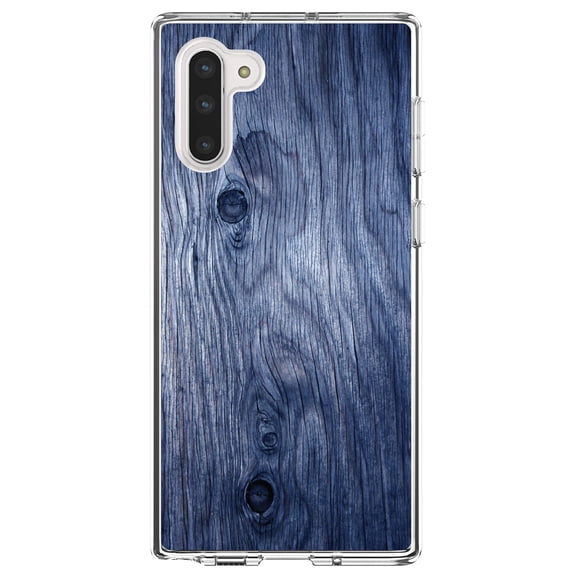 DistinctInk Clear Shockproof Hybrid Case for Samsung Galaxy Note 10 (6.3" Screen) - TPU Bumper, Acrylic Back, Tempered Glass Screen Protector - Dark Blue Weathered Wood Grain Print - Printed Wood