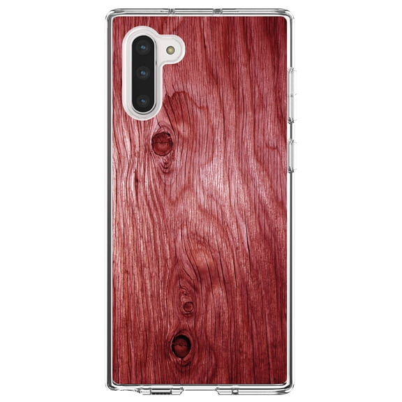 DistinctInk Clear Shockproof Hybrid Case for Samsung Galaxy Note 10 (6.3" Screen) - TPU Bumper, Acrylic Back, Tempered Glass Screen Protector - Dark Red Weathered Wood Grain Print - Printed Wood Image