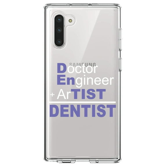 DistinctInk Clear Shockproof Hybrid Case for Samsung Galaxy Note 10 (6.3" Screen) - TPU Bumper Acrylic Back Tempered Glass Screen Protector - Doctor Engineer + Artist = Dentist