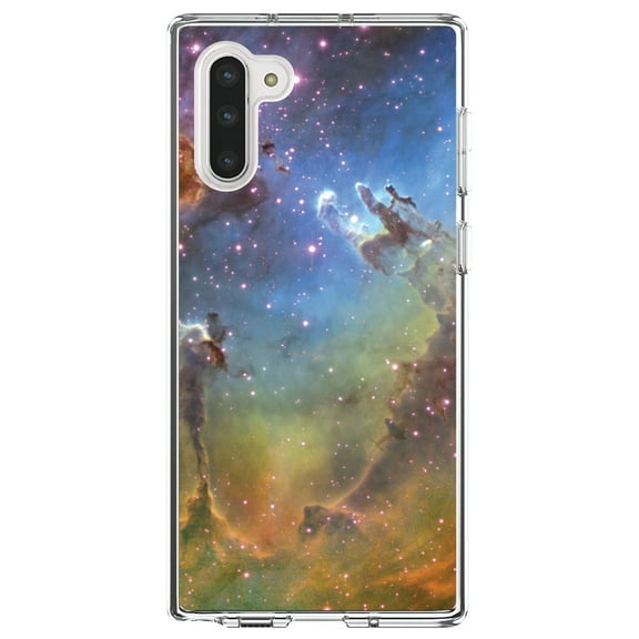 DistinctInk Clear Shockproof Hybrid Case for Samsung Galaxy Note 10 (6.3" Screen) - TPU Bumper, Acrylic Back, Tempered Glass Screen Protector - Eagle Nebula Orange Blue - Astronomy