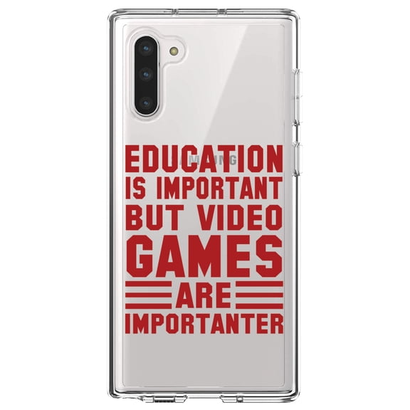 DistinctInk Clear Shockproof Hybrid Case for Samsung Galaxy Note 10 (6.3" Screen) - TPU Bumper Acrylic Back Tempered Glass Screen Protector - Education is Important Video Games Importanter