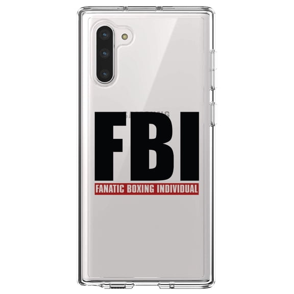 DistinctInk Clear Shockproof Hybrid Case for Samsung Galaxy Note 10 (6.3" Screen) - TPU Bumper Acrylic Back Tempered Glass Screen Protector - FBI Fanatic Boxing Individual