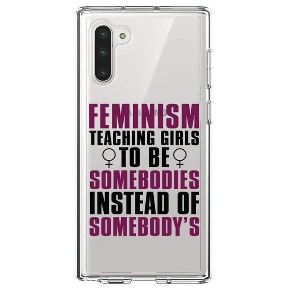 DistinctInk Clear Shockproof Hybrid Case for Samsung Galaxy Note 10 (6.3" Screen) - TPU Bumper Acrylic Back Tempered Glass Screen Protector - Feminism - Somebodies vs Somebody's