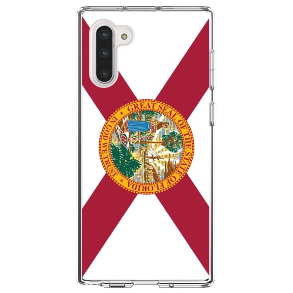 DistinctInk Clear Shockproof Hybrid Case for Samsung Galaxy Note 10 (6.3" Screen) - TPU Bumper, Acrylic Back, Tempered Glass Screen Protector - Florida State Flag - US State Flag