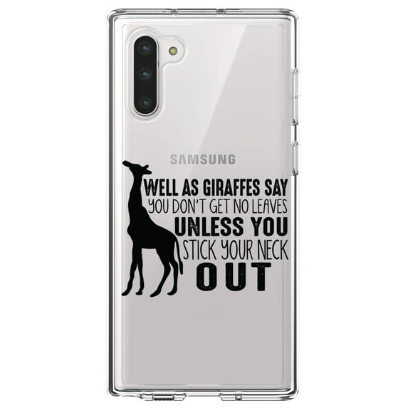 DistinctInk Clear Shockproof Hybrid Case for Samsung Galaxy Note 10 (6.3" Screen) - TPU Bumper Acrylic Back Tempered Glass Screen Protector - Giraffe - No Leaves Unless Stick Neck Out