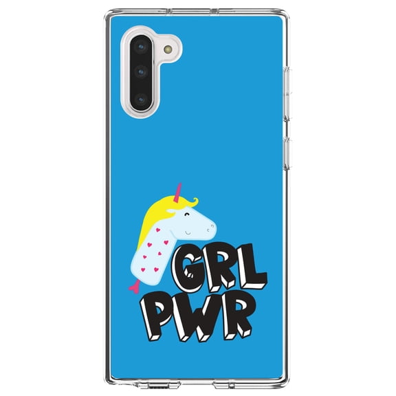 DistinctInk Clear Shockproof Hybrid Case for Samsung Galaxy Note 10 (6.3" Screen) - TPU Bumper, Acrylic Back, Tempered Glass Screen Protector - Girl Power - GRL PWR - Unicorn Blue Background