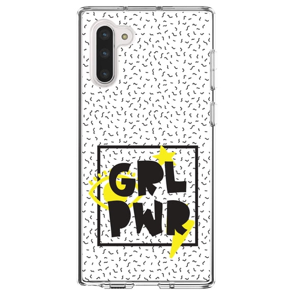 DistinctInk Clear Shockproof Hybrid Case for Samsung Galaxy Note 10 (6.3" Screen) - TPU Bumper, Acrylic Back, Tempered Glass Screen Protector - Girl Power - GRL PWR - Yellow & Black Box