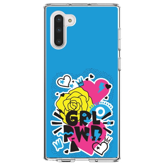 DistinctInk Clear Shockproof Hybrid Case for Samsung Galaxy Note 10 (6.3" Screen) - TPU Bumper, Acrylic Back, Tempered Glass Screen Protector - Girl Power - GRL PWR - Blue, Pink, Yellow