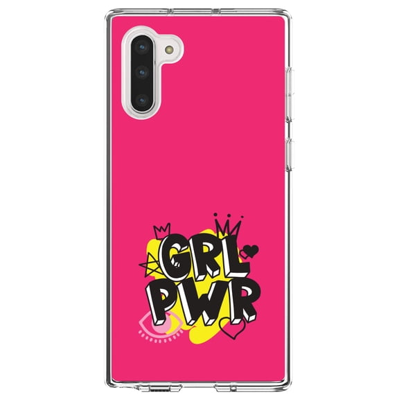 DistinctInk Clear Shockproof Hybrid Case for Samsung Galaxy Note 10 (6.3" Screen) - TPU Bumper, Acrylic Back, Tempered Glass Screen Protector - Girl Power - GRL PWR - Pink Yellow Black