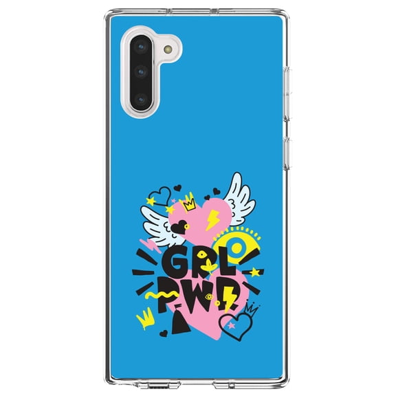 DistinctInk Clear Shockproof Hybrid Case for Samsung Galaxy Note 10 (6.3" Screen) - TPU Bumper, Acrylic Back, Tempered Glass Screen Protector - Girl Power - GRL PWR - Pink, Blue, Yellow