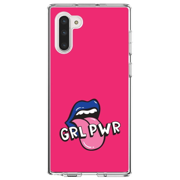 DistinctInk Clear Shockproof Hybrid Case for Samsung Galaxy Note 10 (6.3" Screen) - TPU Bumper, Acrylic Back, Tempered Glass Screen Protector - Girl Power - GRL PWR - Loud Mouth, Pink & Blue