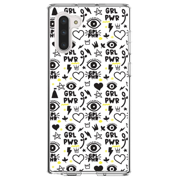 DistinctInk Clear Shockproof Hybrid Case for Samsung Galaxy Note 10 (6.3" Screen) - TPU Bumper, Acrylic Back, Tempered Glass Screen Protector - Girl Power - GRL PWR - Yellow Black