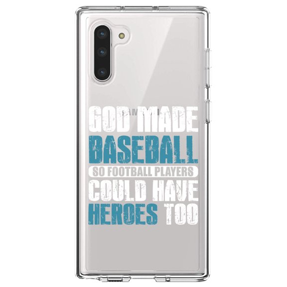 DistinctInk Clear Shockproof Hybrid Case for Samsung Galaxy Note 10 (6.3" Screen) - TPU Bumper Acrylic Back Tempered Glass Screen Protector - God Made Baseball so Football Players Heroes