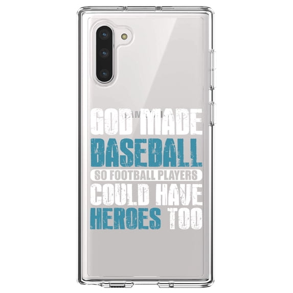 DistinctInk Clear Shockproof Hybrid Case for Samsung Galaxy Note 10 (6.3" Screen) - TPU Bumper Acrylic Back Tempered Glass Screen Protector - God Made Baseball so Football Players Heroes