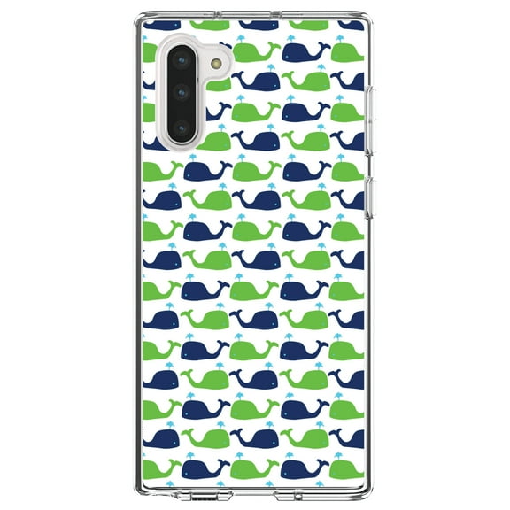 DistinctInk Clear Shockproof Hybrid Case for Samsung Galaxy Note 10 (6.3" Screen) - TPU Bumper, Acrylic Back, Tempered Glass Screen Protector - Green Navy Cartoon Whales - Cartoon Whales