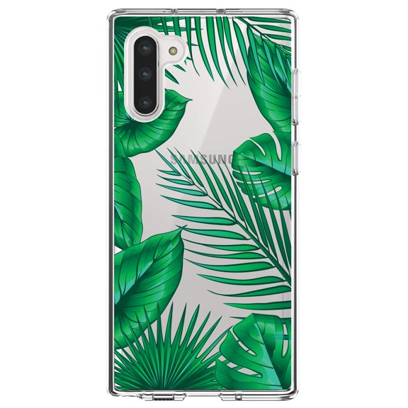 DistinctInk Clear Shockproof Hybrid Case for Samsung Galaxy Note 10 (6.3" Screen) - TPU Bumper, Acrylic Back, Tempered Glass Screen Protector - Green Tropical Leaves