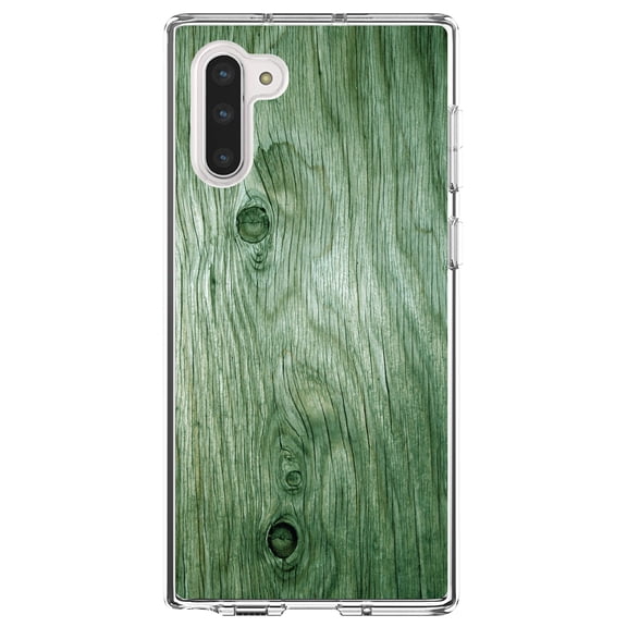 DistinctInk Clear Shockproof Hybrid Case for Samsung Galaxy Note 10 (6.3" Screen) - TPU Bumper, Acrylic Back, Tempered Glass Screen Protector - Green Weathered Wood Grain Print - Printed Wood Image